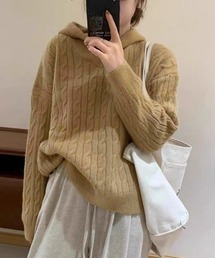 フード付きケーブル編み ゆったりシンプルカジュアルニット プルオーバー