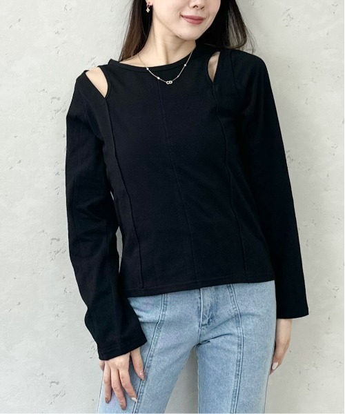 Per sist ence(パーシエンス)の「綿天竺ショルダースリットロンT(Tシャツ/カットソー・レディース・ブラック/オフホワイト/杢グレー・FREE)」の1枚目の写真