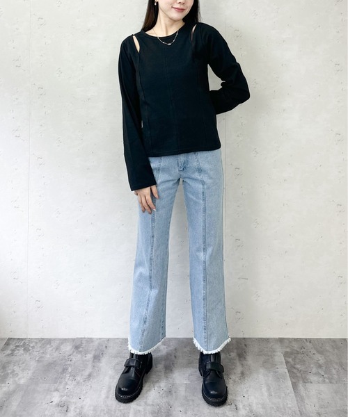 Per sist ence(パーシエンス)の「綿天竺ショルダースリットロンT(Tシャツ/カットソー・レディース・ブラック/オフホワイト/杢グレー・FREE)」の6枚目の写真