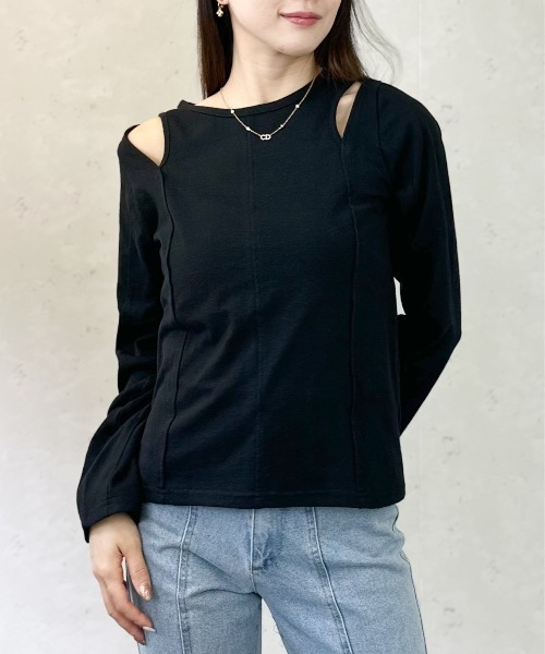 Per sist ence(パーシエンス)の「綿天竺ショルダースリットロンT(Tシャツ/カットソー・レディース・ブラック/オフホワイト/杢グレー・FREE)」の5枚目の写真