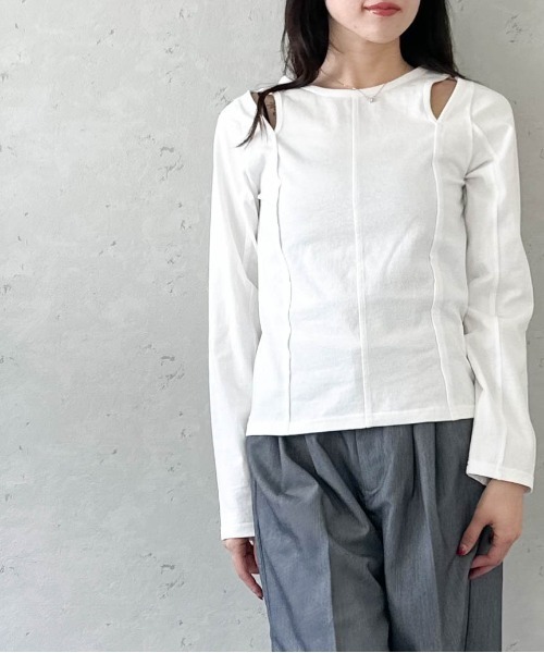 Per sist ence(パーシエンス)の「綿天竺ショルダースリットロンT(Tシャツ/カットソー・レディース・ブラック/オフホワイト/杢グレー・FREE)」の20枚目の写真