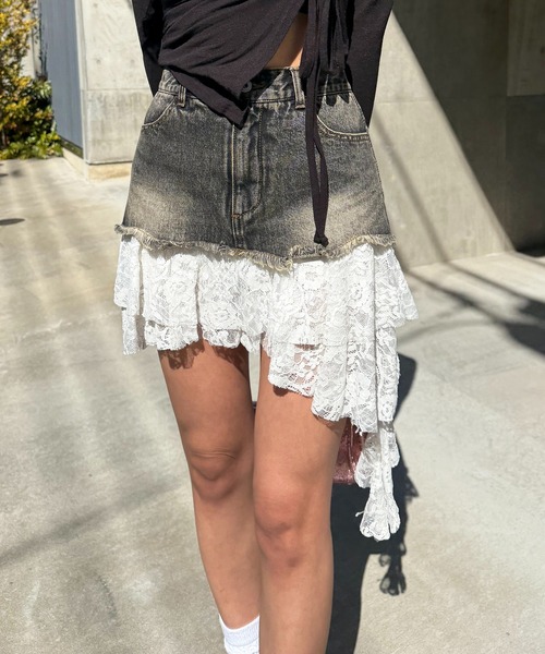 レースドッキングデニムスカート（デニムスカート）｜SPIRALGIRL