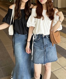 オフショルドロストシャーリングシャツブラウス