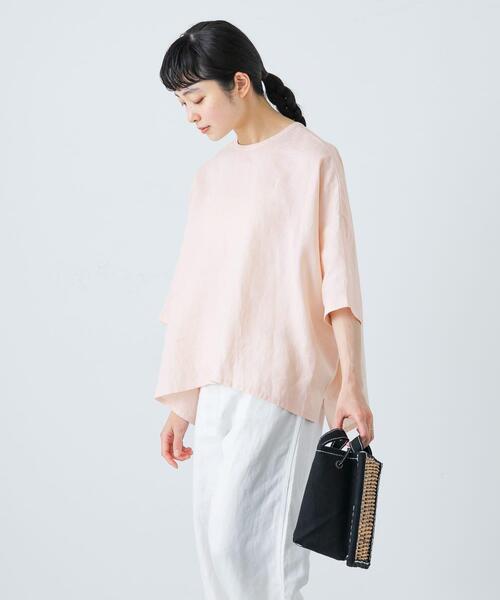 【週末値下！】 かぐれ リネンクルーネックハーフスリー 半袖 ブラウス ピンク 美品】 かぐれ リネンクルーネックハーフスリー 半袖 ブラウス