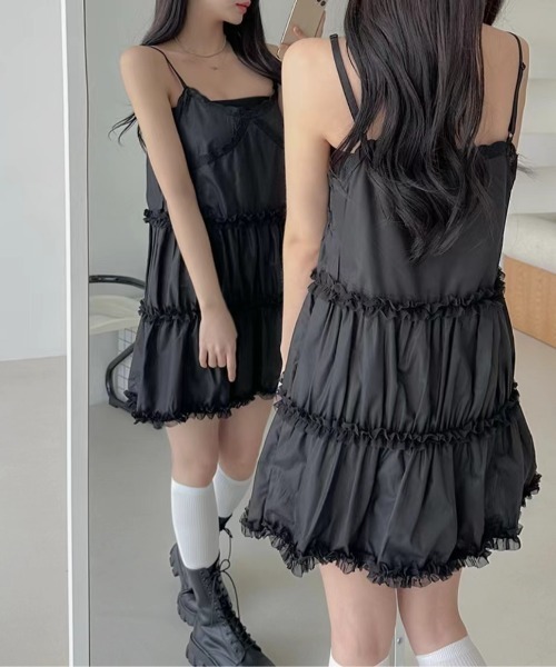 SinceThen大人可愛いフリル×ティアードキャミワンピース SinceThen フリル ティアード キャミワンピース フレア ロング