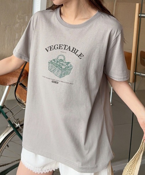 LOWO（ロワ）の「綿混フロントプリントTシャツ カットソー（Tシャツ/カットソー・レディース・ホワイト/アイボリー/グレー・FREE）」の3枚目の写真