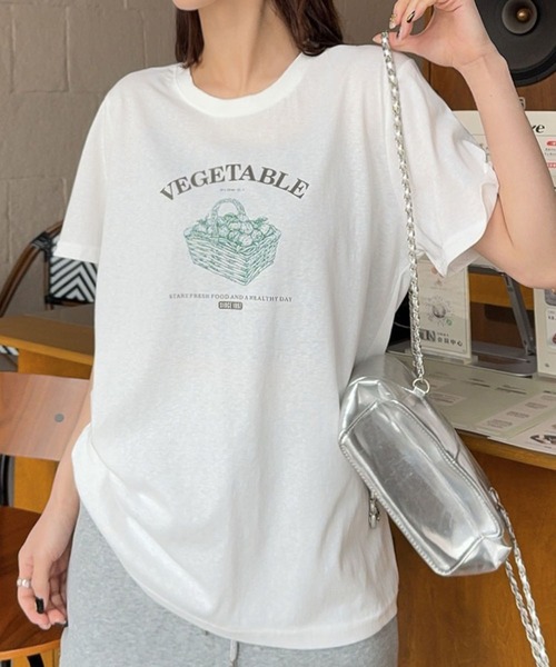 LOWO（ロワ）の「綿混フロントプリントTシャツ カットソー（Tシャツ/カットソー・レディース・ホワイト/アイボリー/グレー・FREE）」の7枚目の写真