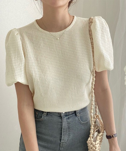 ReRe(リリ)の「ワッフルパワーショルダートップス(Tシャツ/カットソー・レディース・ブルー/ピンク/ベージュ・FREE)」の4枚目の写真