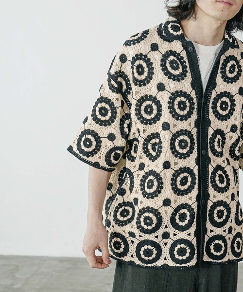 BAYFLOW（ベイフロー）の「クロシェニットシャツ（シャツ/ブラウス・メンズ・グリーン/ダークブラウン/ホワイト×ブラック・FREE）」の9枚目の写真