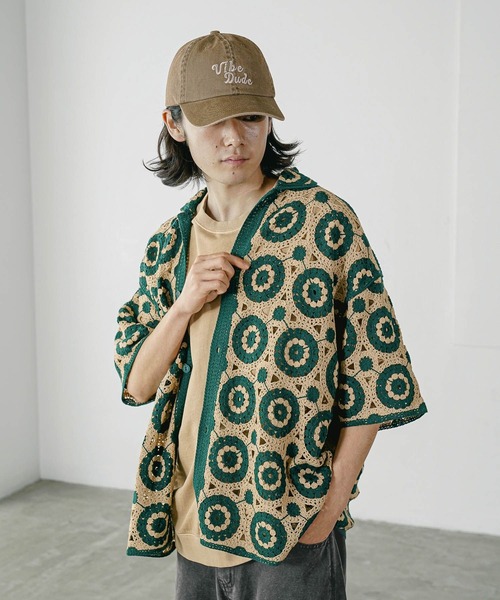 BAYFLOW（ベイフロー）の「クロシェニットシャツ（シャツ/ブラウス・メンズ・グリーン/ダークブラウン/ホワイト×ブラック・FREE）」の13枚目の写真