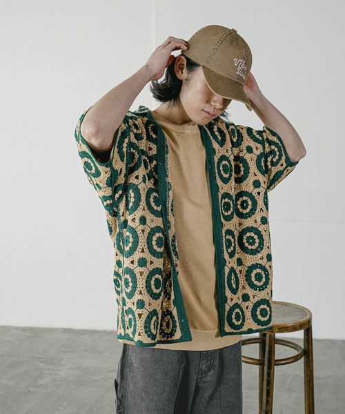 BAYFLOW（ベイフロー）の「クロシェニットシャツ（シャツ/ブラウス・メンズ・グリーン/ダークブラウン/ホワイト×ブラック・FREE）」の15枚目の写真