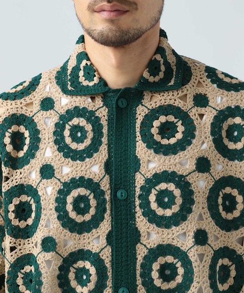 BAYFLOW（ベイフロー）の「クロシェニットシャツ（シャツ/ブラウス・メンズ・グリーン/ダークブラウン/ホワイト×ブラック・FREE）」の21枚目の写真