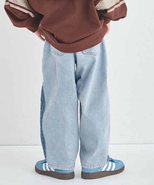 セール】ユニセックス サイドライン切替え バルーンデニムパンツ