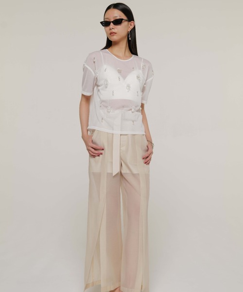 JOSE MOON(ジョゼムーン)の「SHEER BIJOU TSHIRT/シアービジューTシャツ(Tシャツ/カットソー・レディース・ブルー系その他/ホワイト/ブラック・FREE)」の4枚目の写真