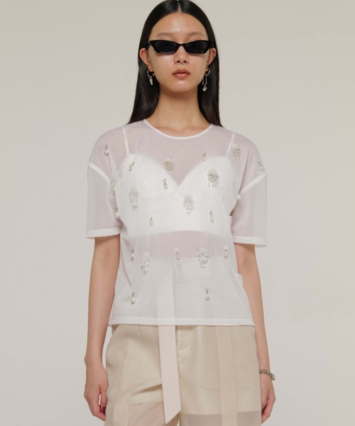 JOSE MOON(ジョゼムーン)の「SHEER BIJOU TSHIRT/シアービジューTシャツ(Tシャツ/カットソー・レディース・ブルー系その他/ホワイト/ブラック・FREE)」の12枚目の写真