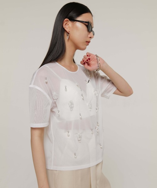 JOSE MOON(ジョゼムーン)の「SHEER BIJOU TSHIRT/シアービジューTシャツ(Tシャツ/カットソー・レディース・ブルー系その他/ホワイト/ブラック・FREE)」の5枚目の写真