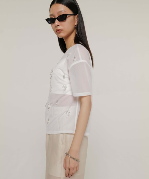 新品 SHEER BIJOU TSHIRT シアー ビジュー Tシャツ ブラック SHEER BIJOU TSHIRT/シアービジューTシャツ（Tシャツ/カットソー
