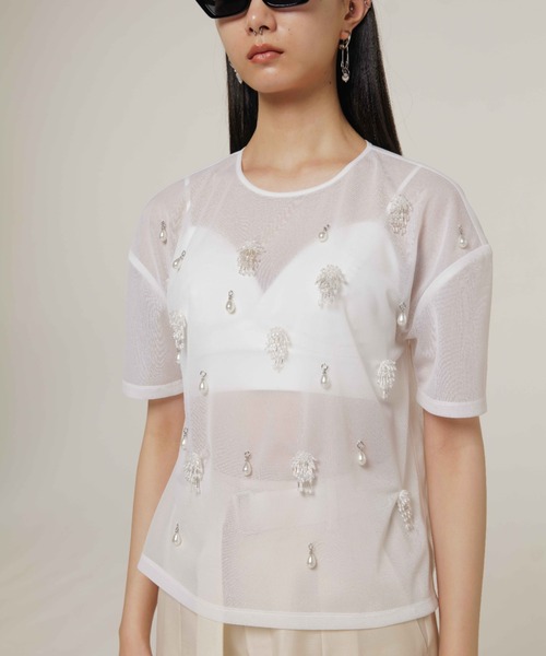 JOSE MOON(ジョゼムーン)の「SHEER BIJOU TSHIRT/シアービジューTシャツ(Tシャツ/カットソー・レディース・ブルー系その他/ホワイト/ブラック・FREE)」の15枚目の写真