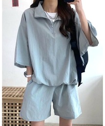 CHEER（チアー）の「ハーフジップ半袖トップス×ショートパンツSET（セットアップ）」