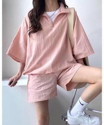 ハーフジップ半袖トップス×ショートパンツSET