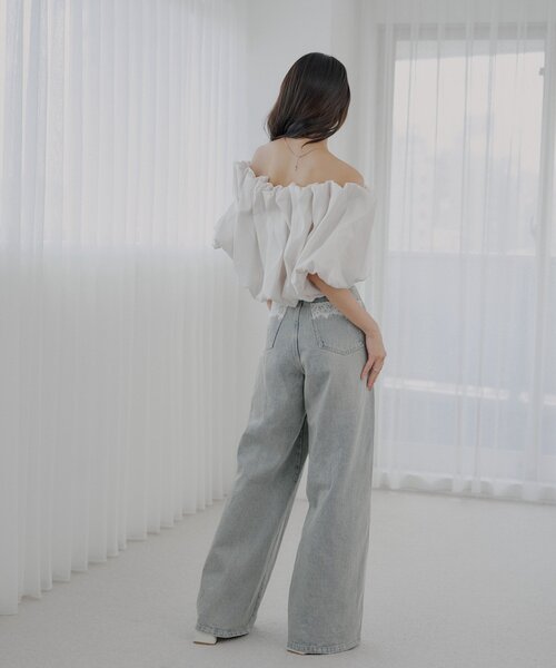 chico チコ ギャザーバルーンオフショルブラウス ピンク SALON by Chico】ギャザーバルーンオフショルブラウス | Chico