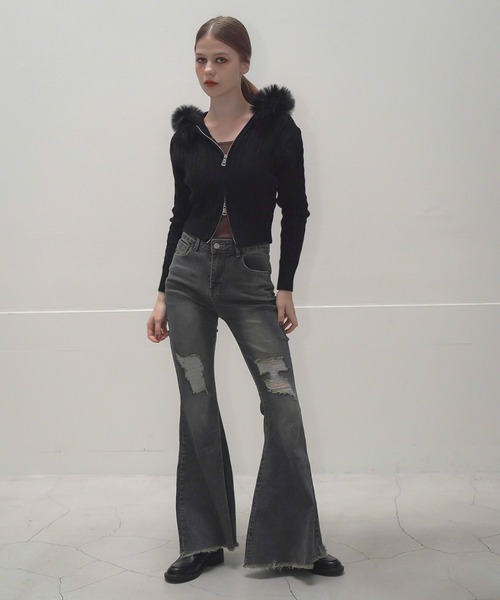 Mirette（ミレット）の「ハイウエストダメージフレアデニムパンツ / High Waist Damaged Flare Denim Pants（デニムパンツ・レディース・ネイビー・SMALL/MEDIUM/LARGE）」の14枚目の写真