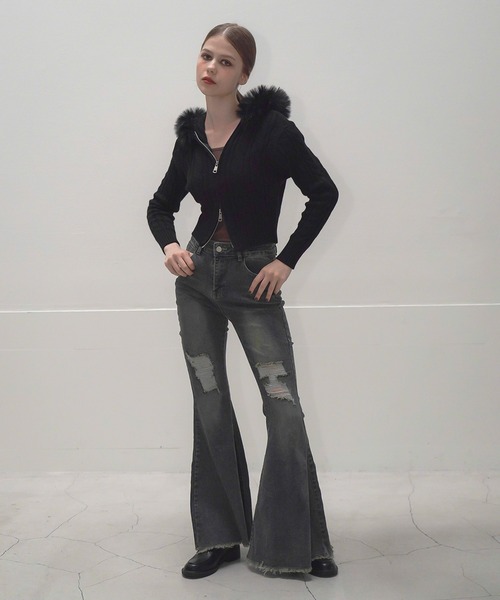 Mirette（ミレット）の「ハイウエストダメージフレアデニムパンツ / High Waist Damaged Flare Denim Pants（デニムパンツ・レディース・ネイビー・SMALL/MEDIUM/LARGE）」の2枚目の写真