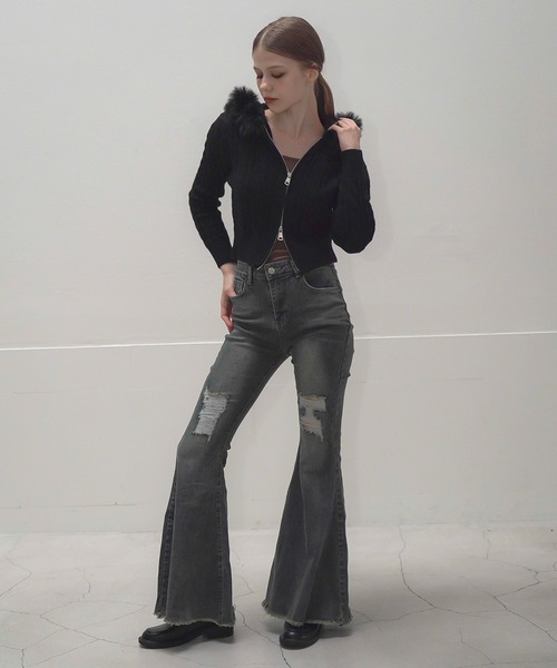 Mirette（ミレット）の「ハイウエストダメージフレアデニムパンツ / High Waist Damaged Flare Denim Pants（デニムパンツ・レディース・ネイビー・SMALL/MEDIUM/LARGE）」の3枚目の写真