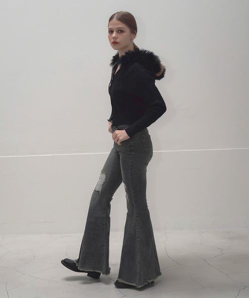 Mirette（ミレット）の「ハイウエストダメージフレアデニムパンツ / High Waist Damaged Flare Denim Pants（デニムパンツ・レディース・ネイビー・SMALL/MEDIUM/LARGE）」の4枚目の写真