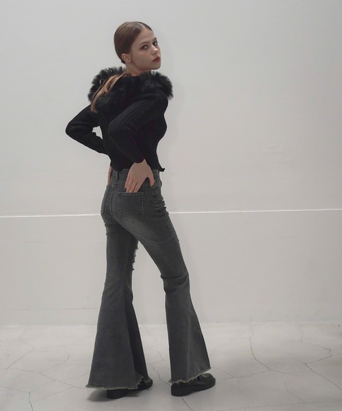 Mirette（ミレット）の「ハイウエストダメージフレアデニムパンツ / High Waist Damaged Flare Denim Pants（デニムパンツ・レディース・ネイビー・SMALL/MEDIUM/LARGE）」の5枚目の写真