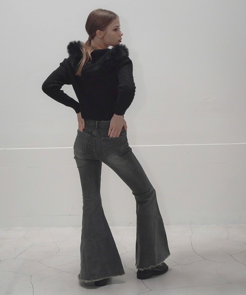 Mirette（ミレット）の「ハイウエストダメージフレアデニムパンツ / High Waist Damaged Flare Denim Pants（デニムパンツ・レディース・ネイビー・SMALL/MEDIUM/LARGE）」の6枚目の写真
