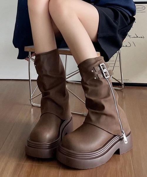 セール】ダブルベルト厚底ミドルカバーブーツ（ブーツ）｜yuue