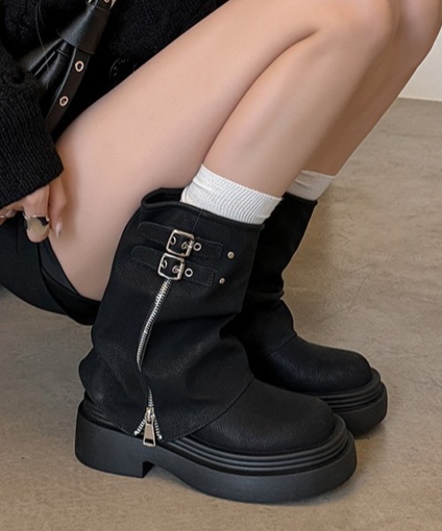 セール】ダブルベルト厚底ミドルカバーブーツ（ブーツ）｜yuue