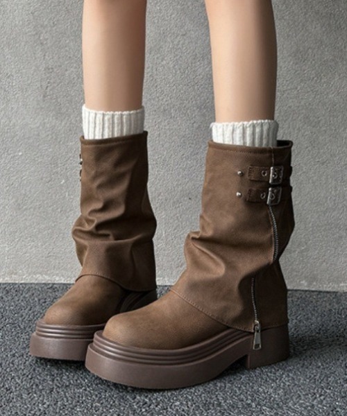 yuue' ( wear )(ユーイ)の「ダブルベルト厚底ミドルカバーブーツ(ブーツ・レディース・ブラウン/ブラック・24.5cm/23.5cm)」の15枚目の写真