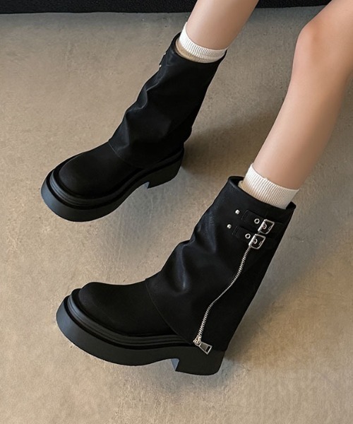 yuue' ( wear )(ユーイ)の「ダブルベルト厚底ミドルカバーブーツ(ブーツ・レディース・ブラウン/ブラック・24.5cm/23.5cm)」の3枚目の写真