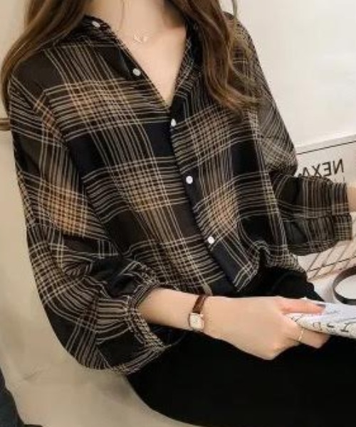 cammie(キャミー)の「シアーチェックシャツ(シャツ/ブラウス・レディース・ベージュ/ブラック・L/M)」の1枚目の写真