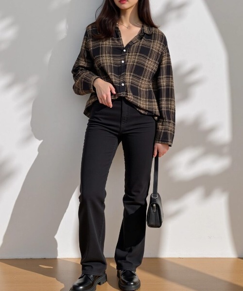 cammie(キャミー)の「シアーチェックシャツ(シャツ/ブラウス・レディース・ベージュ/ブラック・L/M)」の8枚目の写真