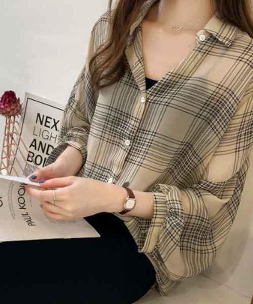 cammie(キャミー)の「シアーチェックシャツ(シャツ/ブラウス・レディース・ベージュ/ブラック・L/M)」の10枚目の写真