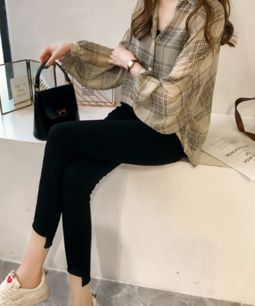 cammie(キャミー)の「シアーチェックシャツ(シャツ/ブラウス・レディース・ベージュ/ブラック・L/M)」の11枚目の写真