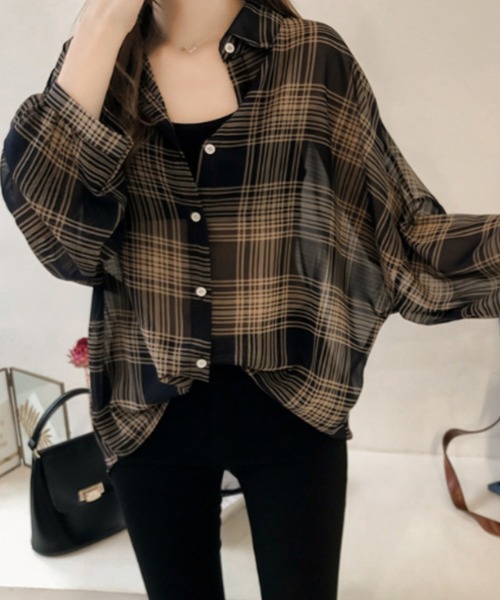cammie(キャミー)の「シアーチェックシャツ(シャツ/ブラウス・レディース・ベージュ/ブラック・L/M)」の3枚目の写真