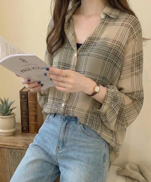 cammie(キャミー)の「シアーチェックシャツ(シャツ/ブラウス・レディース・ベージュ/ブラック・L/M)」の20枚目の写真