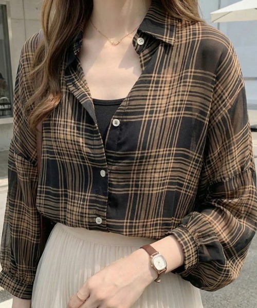 cammie(キャミー)の「シアーチェックシャツ(シャツ/ブラウス・レディース・ベージュ/ブラック・L/M)」の16枚目の写真