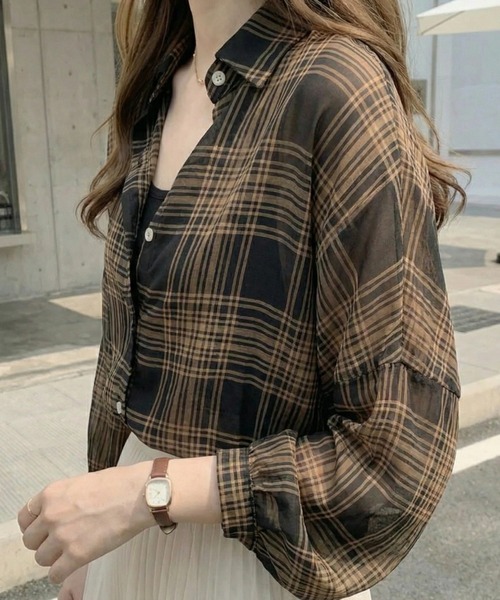 cammie(キャミー)の「シアーチェックシャツ(シャツ/ブラウス・レディース・ベージュ/ブラック・L/M)」の15枚目の写真