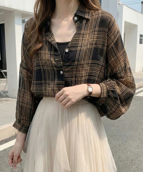 cammie(キャミー)の「シアーチェックシャツ(シャツ/ブラウス・レディース・ベージュ/ブラック・L/M)」の14枚目の写真