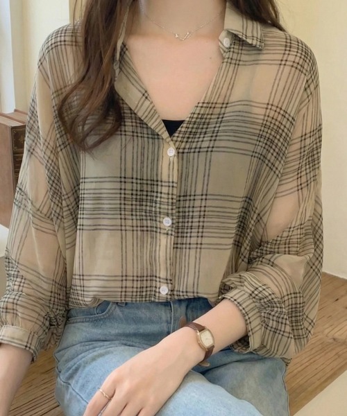 cammie(キャミー)の「シアーチェックシャツ(シャツ/ブラウス・レディース・ベージュ/ブラック・L/M)」の19枚目の写真