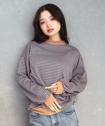 ハニカム柄ジャガードリブ配色トップス