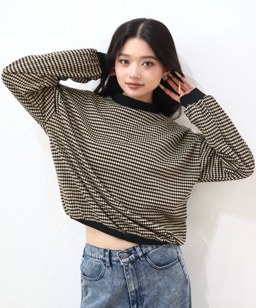 CECIL McBEE（セシルマクビー）の「ハニカム柄ジャガードリブ配色トップス（Tシャツ/カットソー・レディース・グリーン/ブラック/ブルー・MEDIUM/LARGE）」の2枚目の写真