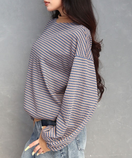 CECIL McBEE（セシルマクビー）の「ハニカム柄ジャガードリブ配色トップス（Tシャツ/カットソー・レディース・グリーン/ブラック/ブルー・MEDIUM/LARGE）」の12枚目の写真