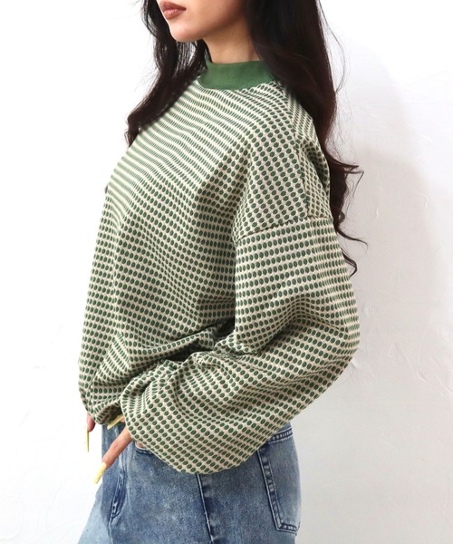 CECIL McBEE（セシルマクビー）の「ハニカム柄ジャガードリブ配色トップス（Tシャツ/カットソー・レディース・グリーン/ブラック/ブルー・MEDIUM/LARGE）」の16枚目の写真