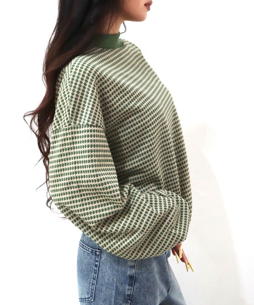 CECIL McBEE（セシルマクビー）の「ハニカム柄ジャガードリブ配色トップス（Tシャツ/カットソー・レディース・グリーン/ブラック/ブルー・MEDIUM/LARGE）」の18枚目の写真